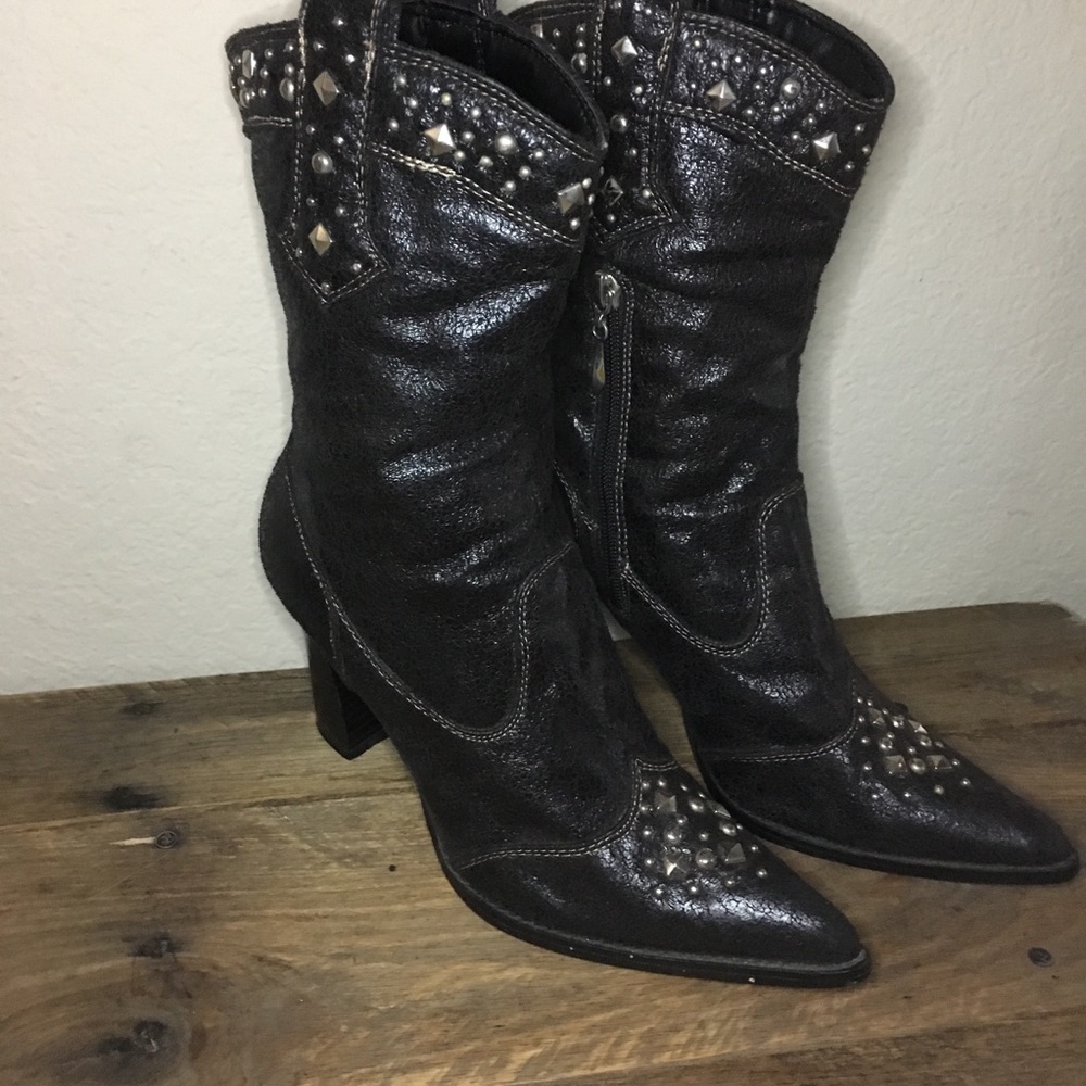 Faux Leather Embellished Heeled Boots